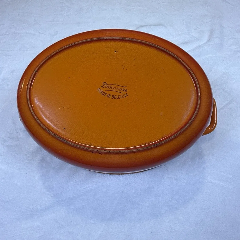 Vintage Descoware Flame Orange Oval Enameled Cast Iron Dutch Oven FE 8 Belgium
